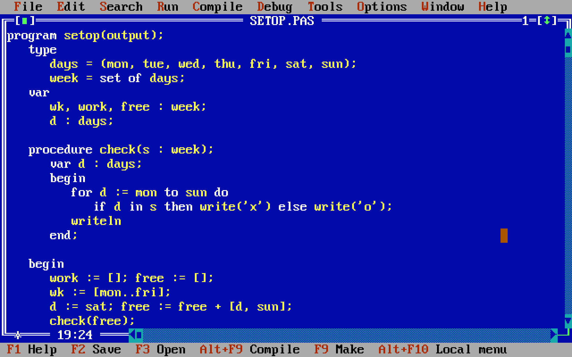 Skärmbild av Pascal-kod i den blå Turbo Pascal 7.0-editorn